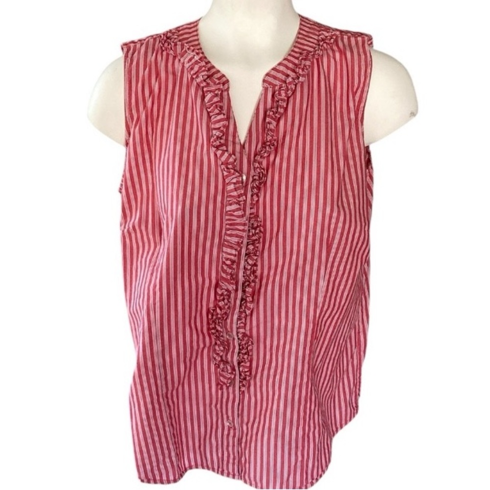 💎5/$25 Laura Scott sleeveless red white blouse v neck button down ruffles LARGE